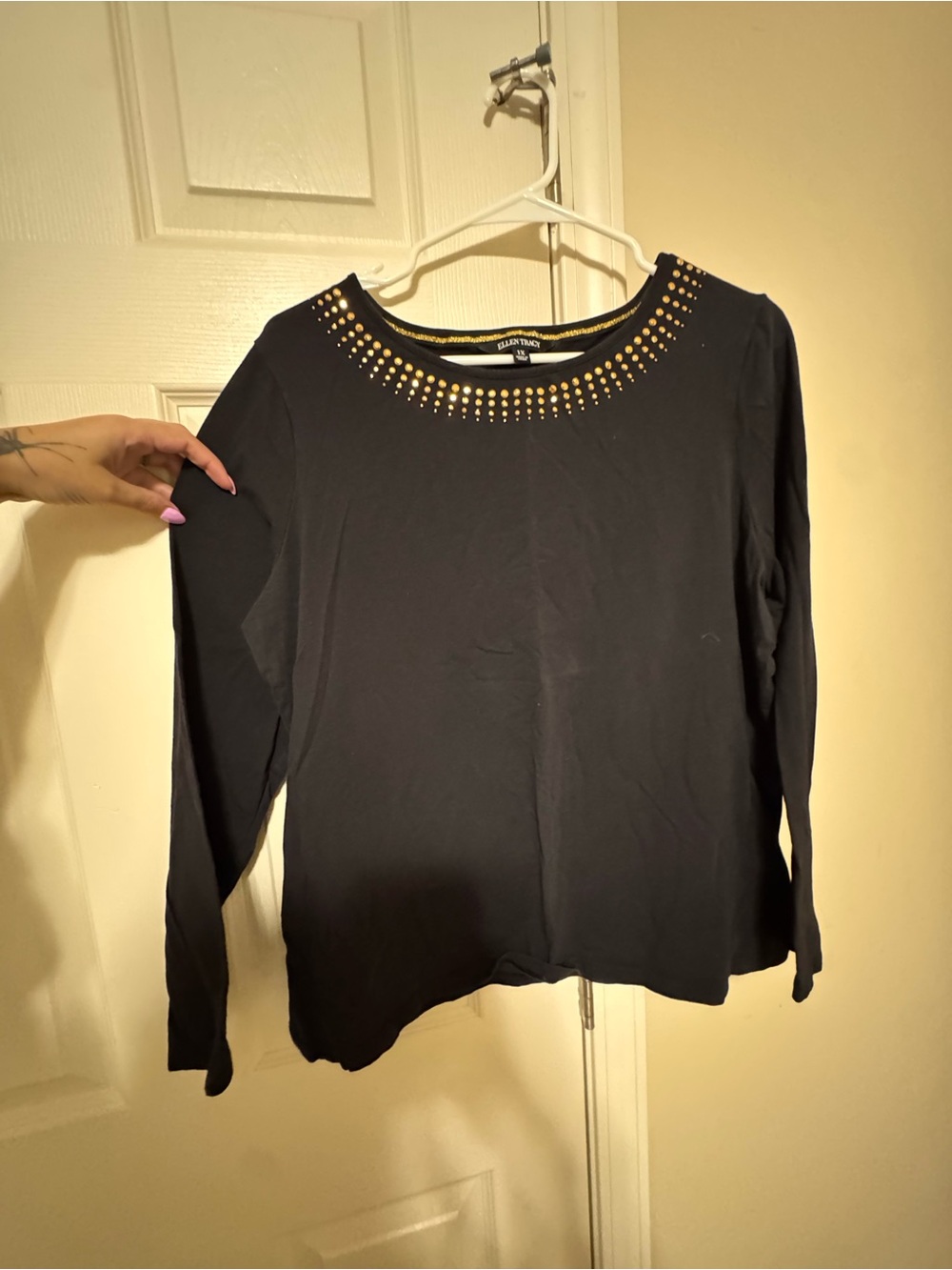 Ellen Tracy Black Long-Sleeve Top with Gold Stud Neckline